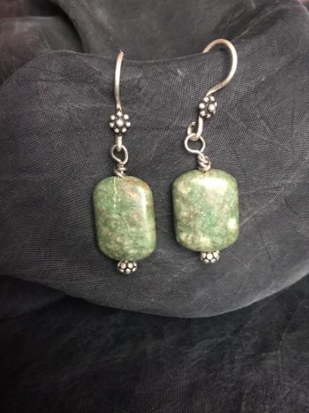 Green stone with accented silver beads earrings